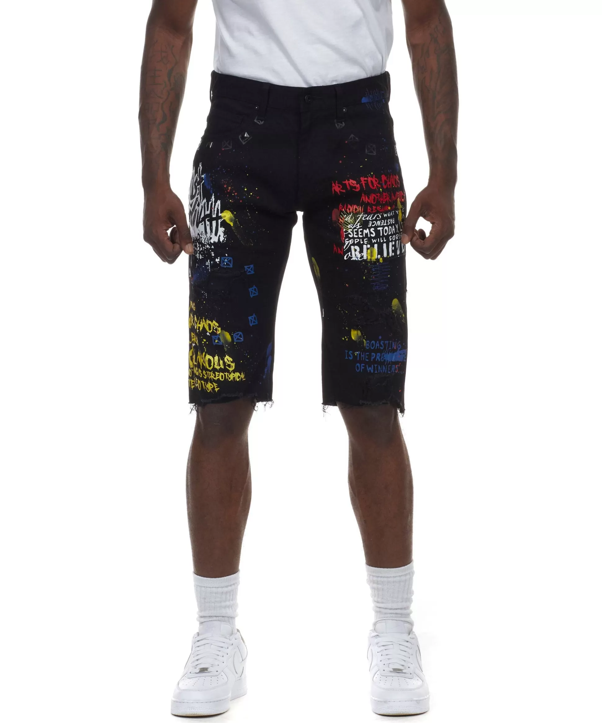 Smoke Rise Doodle & Color Splatter Twill Shorts Black Cheap
