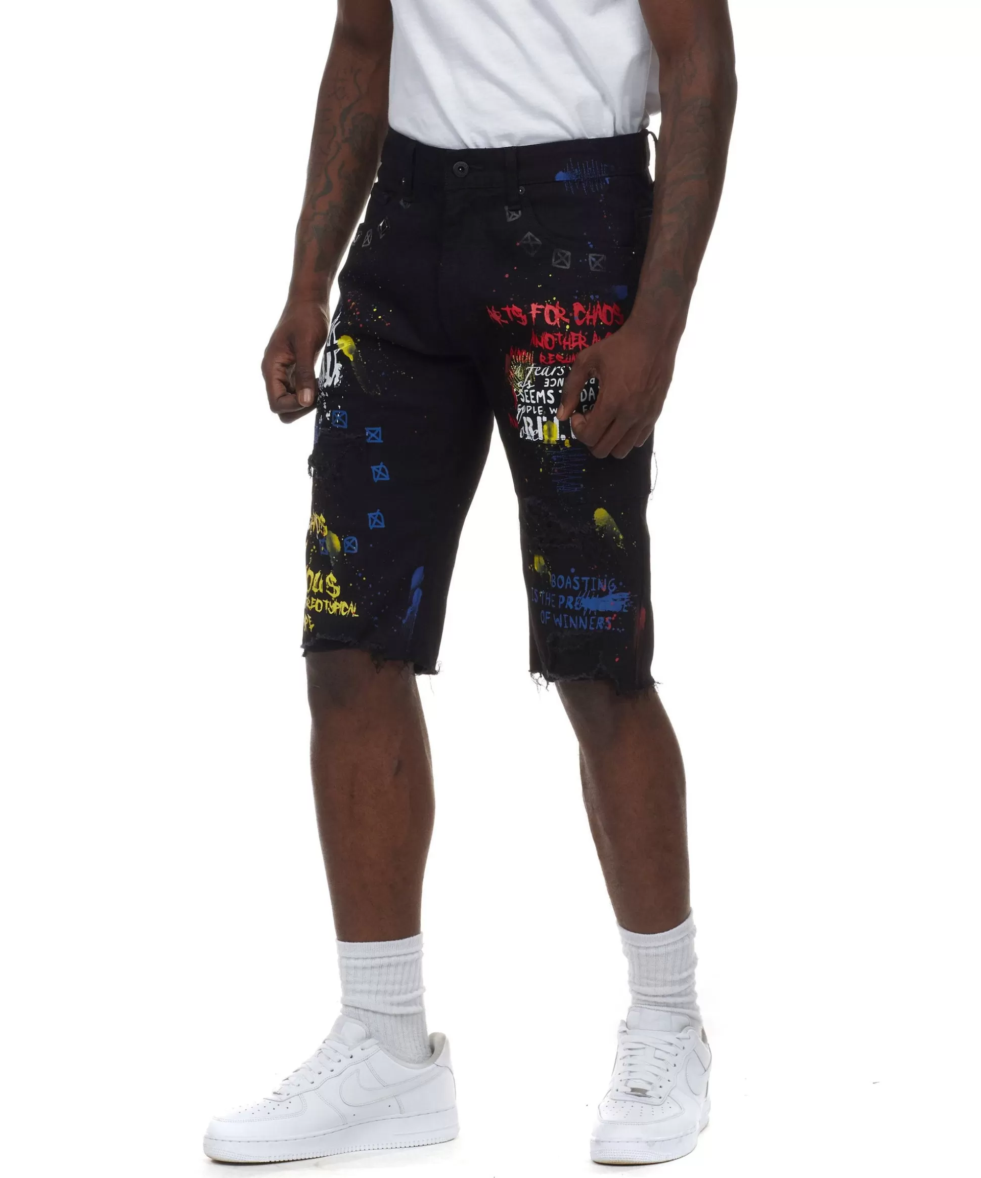 Smoke Rise Doodle & Color Splatter Twill Shorts Black Cheap