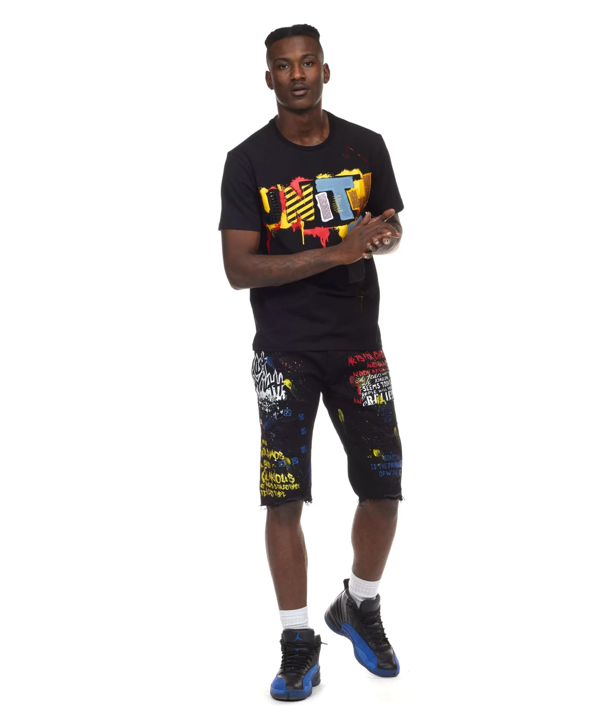 Smoke Rise Doodle & Color Splatter Twill Shorts Black Cheap